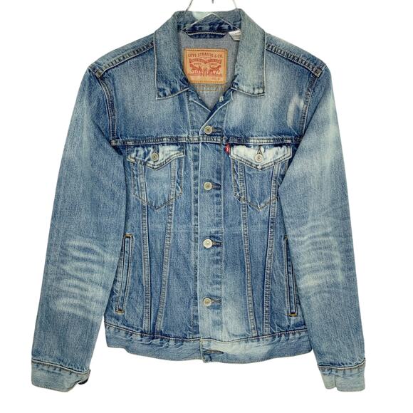 Levis S Denim Distressed Trucker Jacket Faded Blue Two Front Pockets Classic - Picture 1 of 10
